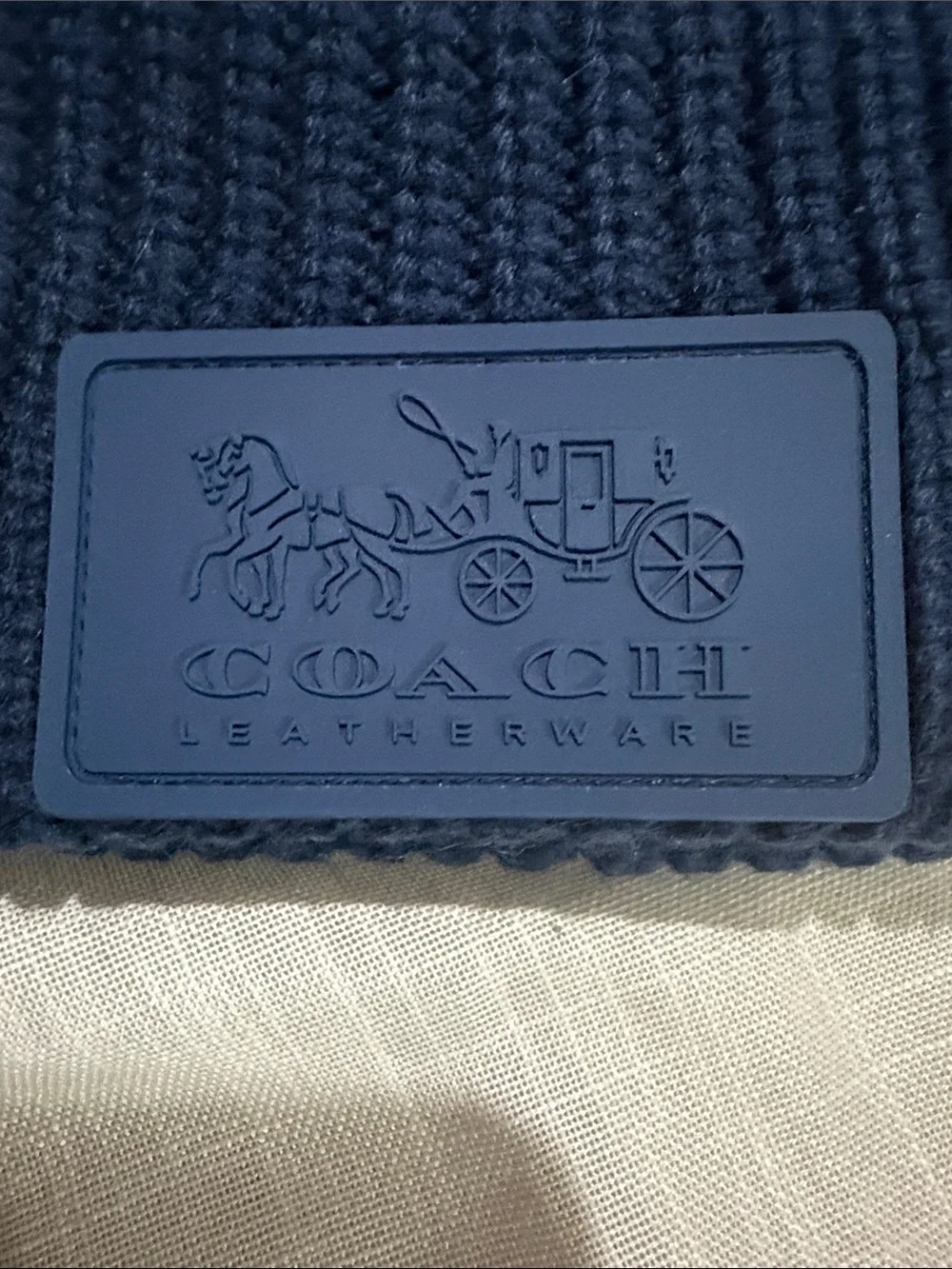 Coach Blue Ribbed Knit Beanie Hat Leather Logo Patch One Size NWT